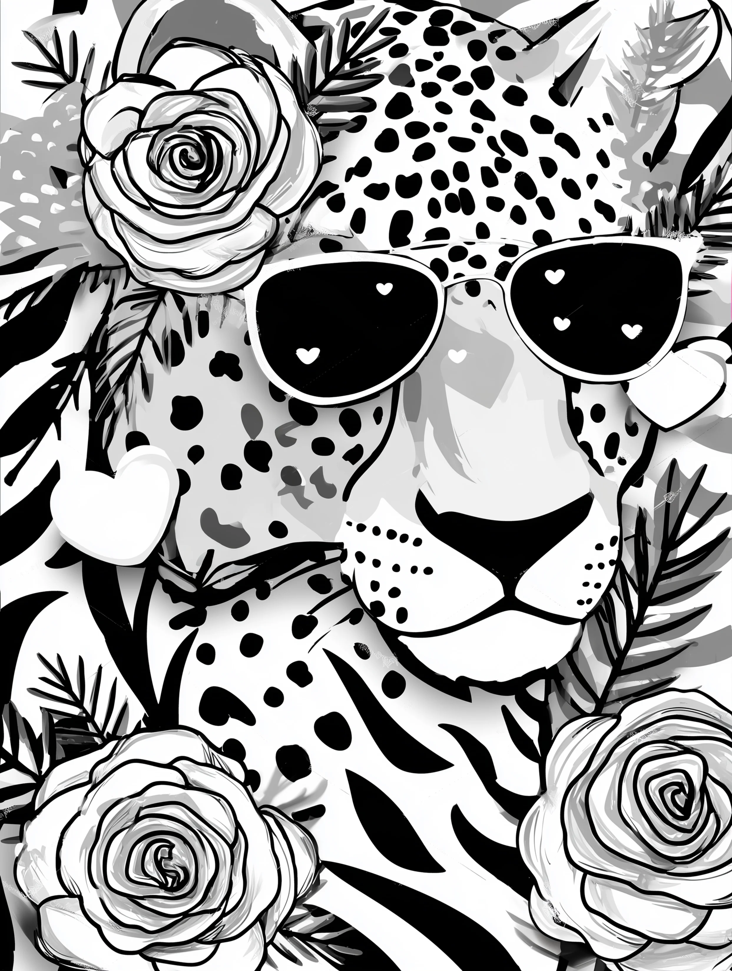 Free cheetah printable coloring page featuring a cheetah wearing floral sunglasses